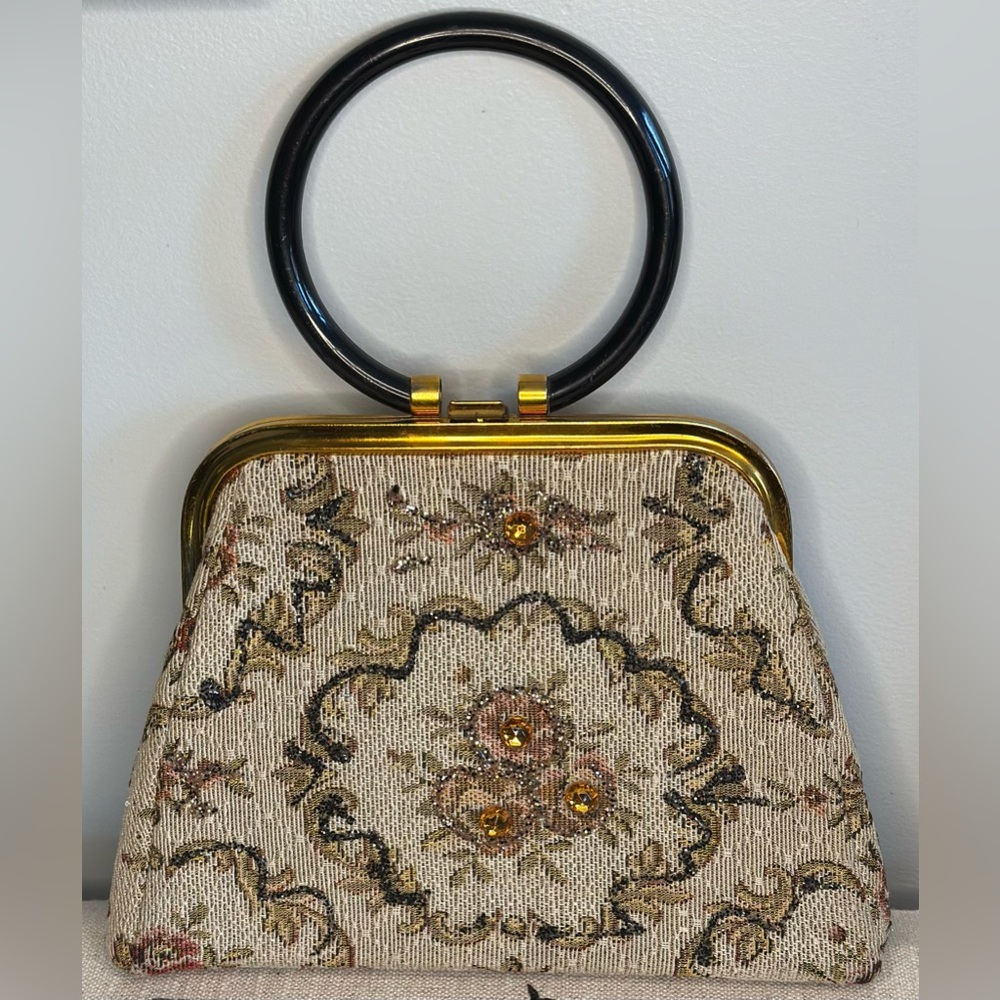 Vintage Tapestry Purse Handbag with Beads and Crystals Plastic/Bakelite Handle